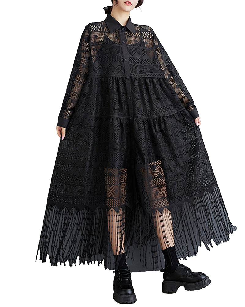 ellazhu Women's Dress Loose Oversize Casual Yarn-fabricated Holiday Maxi Black Lace Solid GZ337