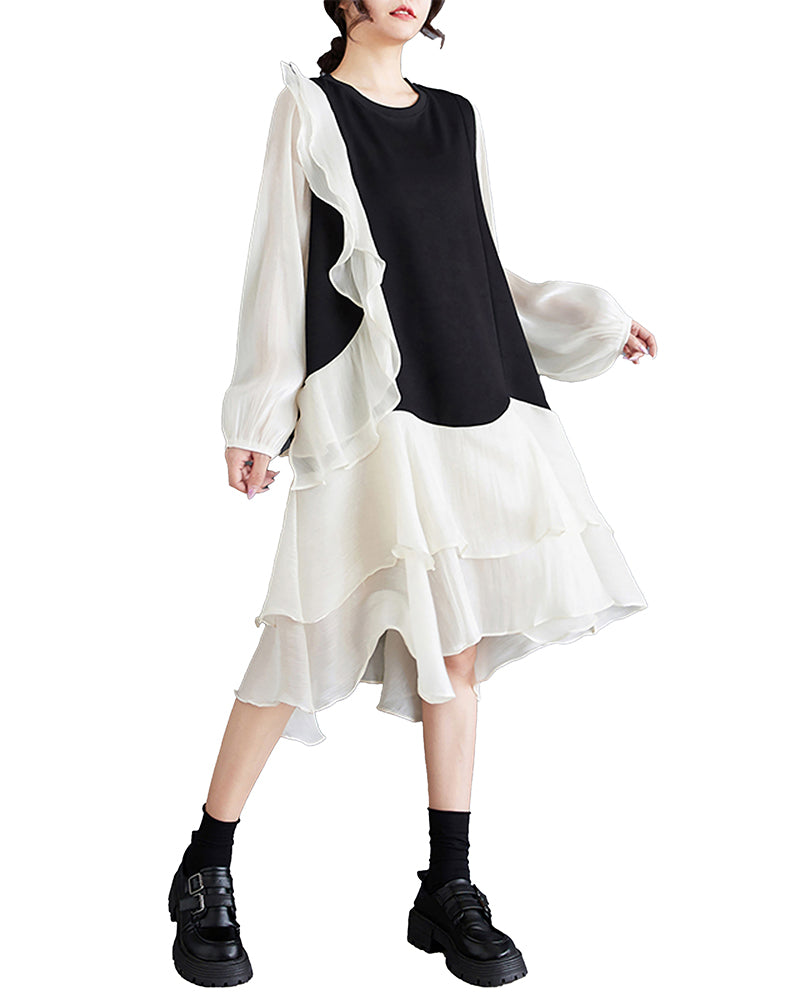ellazhu Women's Dress Loose Oversize Casual Patchwork Drawstring Crewneck Mid Length Baggy GZ341 Apricot
