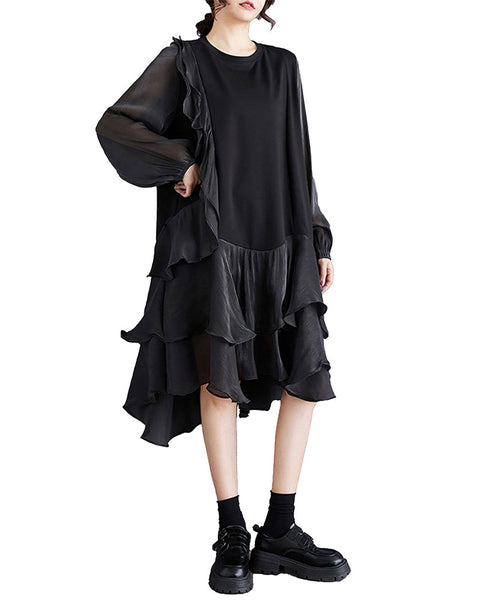 ellazhu Women's Dress Loose Oversize Casual Patchwork Drawstring Crewneck Mid Length Baggy GZ341 Apricot