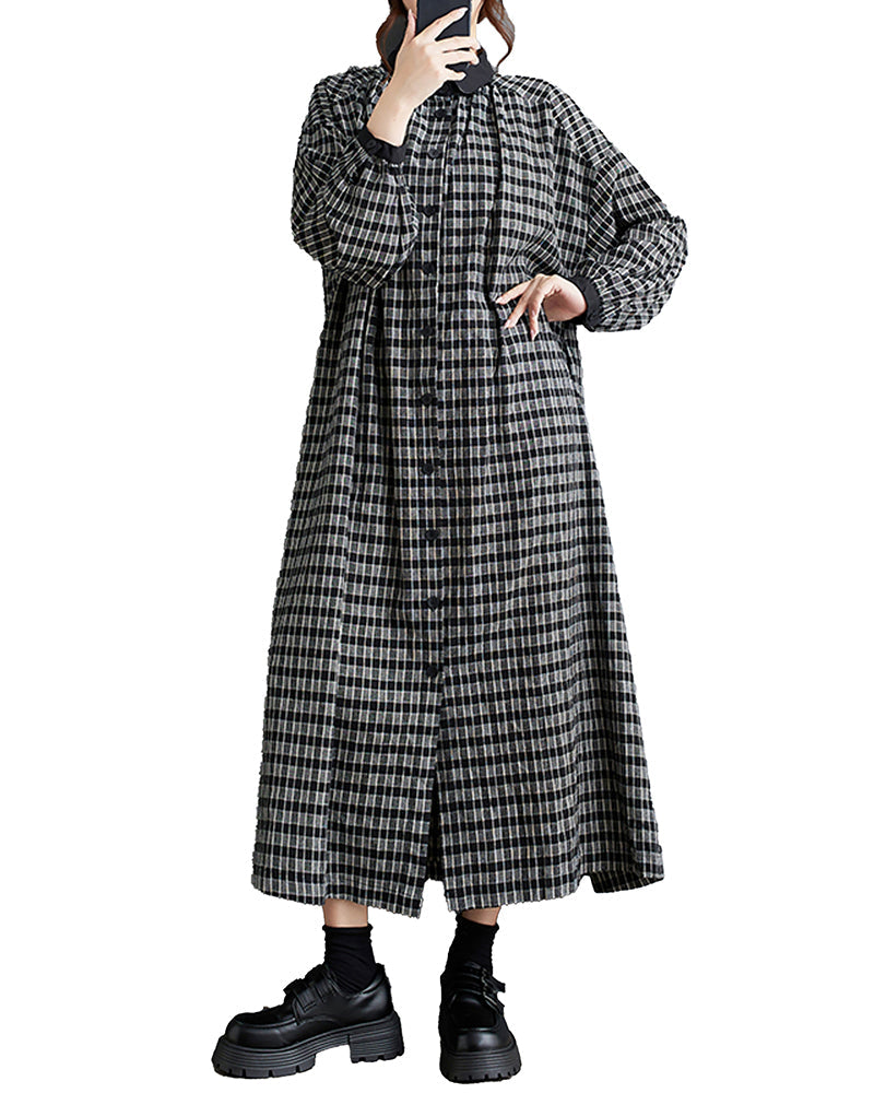 ellazhu Women's Shirt Dress Button Down Lapel Casual Loose Long Sleeve Print Pocket Oversize Cell Plaid GZ342 Plaid