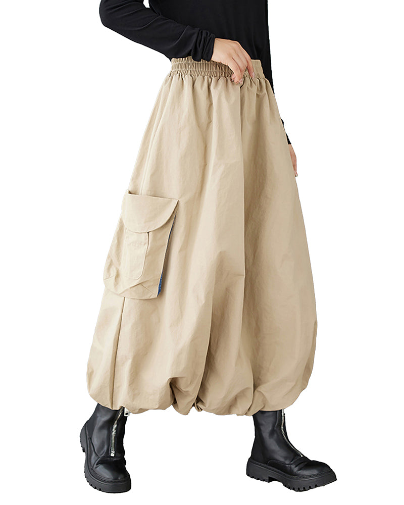 ellazhu Women's Skirt Loose Oversize Elastic Waist Casual Mid Length Solid Apricot Side Pocket GZ345 Apricot