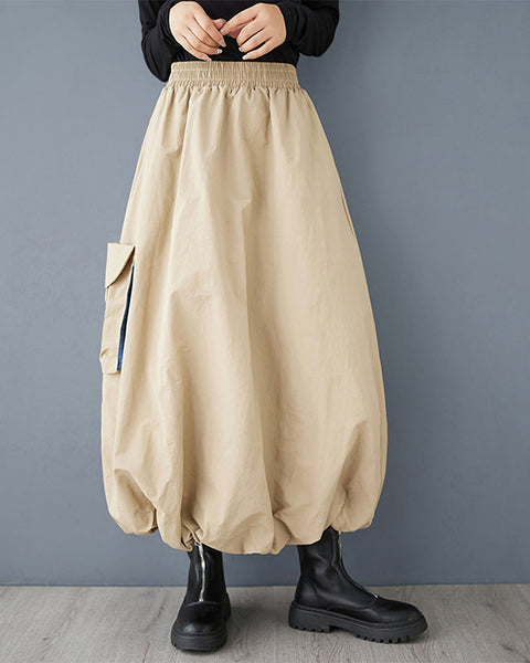 ellazhu Women's Skirt Loose Oversize Elastic Waist Casual Mid Length Solid Apricot Side Pocket GZ345 Apricot