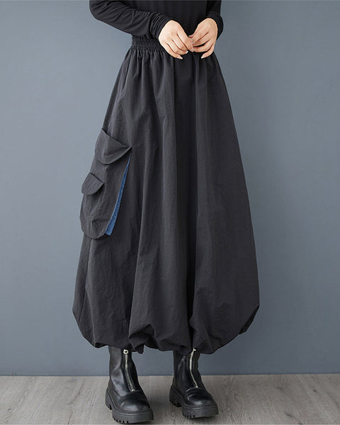 ellazhu Women's Skirt Loose Oversize Elastic Waist Casual Mid Length Solid Apricot Side Pocket GZ345 Apricot