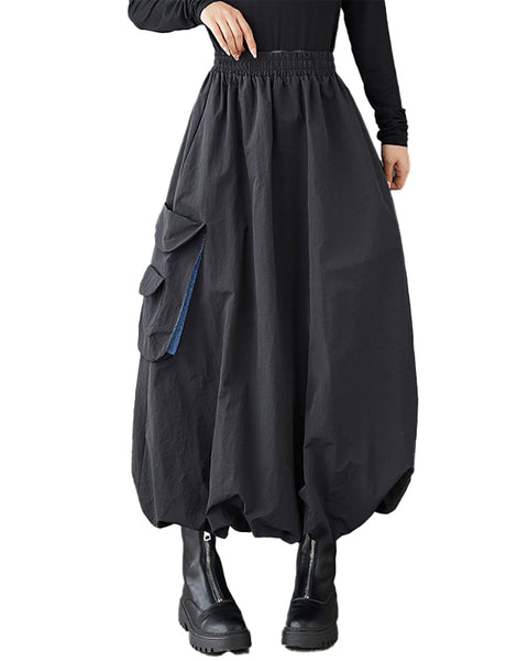 ellazhu Women's Skirt Loose Oversize Elastic Waist Casual Mid Length Solid Apricot Side Pocket GZ345 Apricot