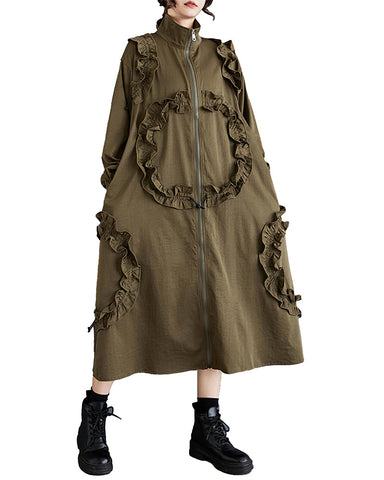 ellazhu Women's Dress Loose Oversize Casual Zip Up Solid Long Sleeve High Neck Two Side Pockets Coat GZ346 Army Green