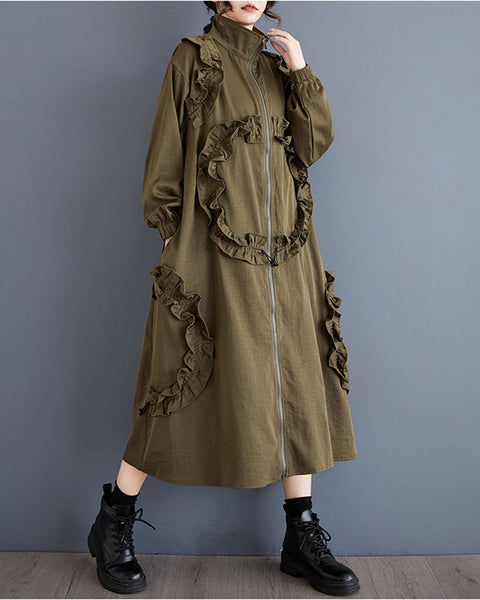 ellazhu Women's Dress Loose Oversize Casual Zip Up Solid Long Sleeve High Neck Two Side Pockets Coat GZ346 Army Green
