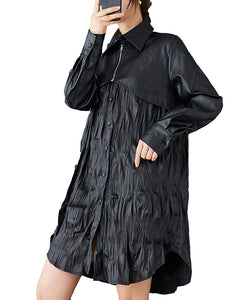 ellazhu Women's Shirt Dress Button Down Casual Pleated Design Long Sleeve Oversize Zip Solid Color GZ347 Black