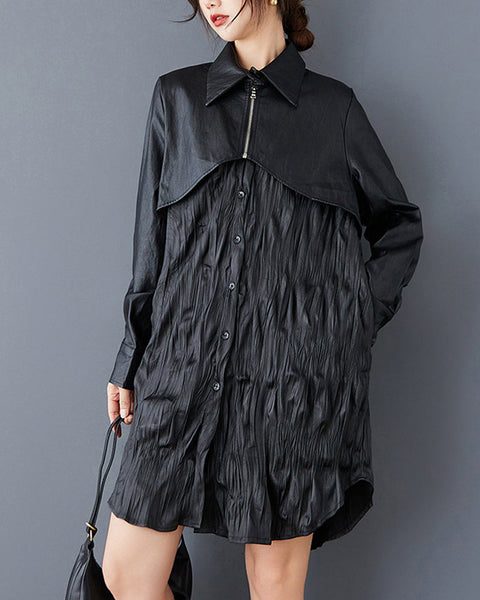ellazhu Women's Shirt Dress Button Down Casual Pleated Design Long Sleeve Oversize Zip Solid Color GZ347 Black