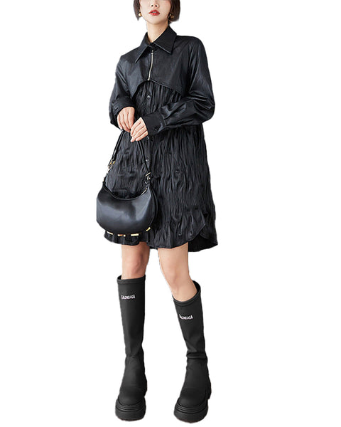 ellazhu Women's Shirt Dress Button Down Casual Pleated Design Long Sleeve Oversize Zip Solid Color GZ347 Black