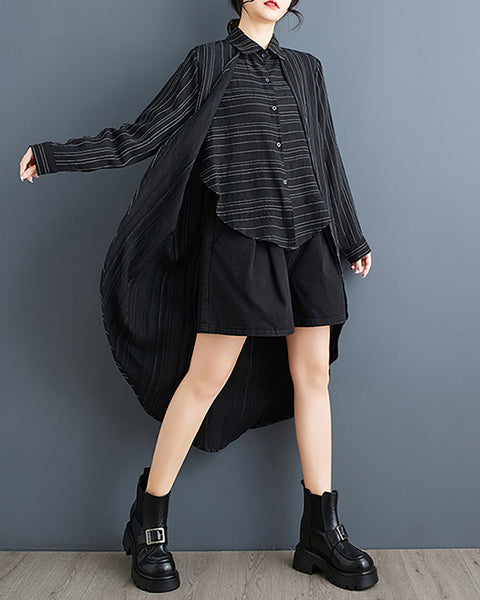 ellazhu Women's Shirt Lapel Flowy Asymmetrical Tops Strip Button Down Long Sleeve Casual Black GZ348 Black