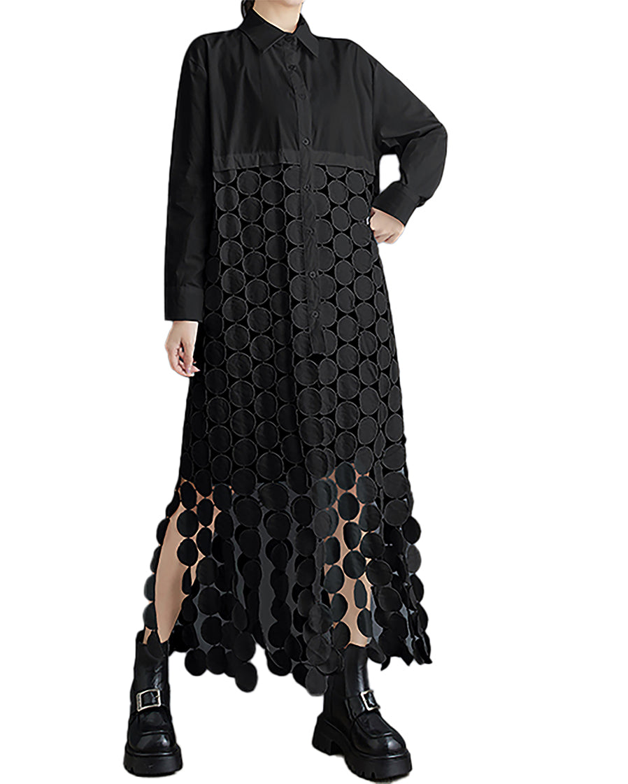 ellazhu Women's Shirt Dress Lapel Button Down Long Sleeve Maxi Casaul Baggy Solid Black Lace Hallow Out GZ349 Black