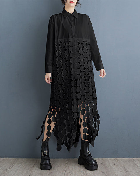 ellazhu Women's Shirt Dress Lapel Button Down Long Sleeve Maxi Casaul Baggy Solid Black Lace Hallow Out GZ349 Black