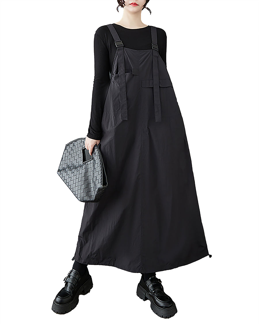 ellazhu Women's Dress Casual Solid Black Wide Leg Suspenders Pocket Flowy Elastic String Baggy GZ350 Black