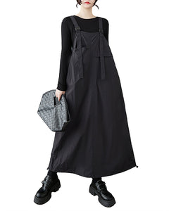 ellazhu Women's Dress Casual Solid Black Wide Leg Suspenders Pocket Flowy Elastic String Baggy GZ350 Black