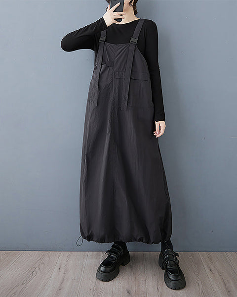 ellazhu Women's Dress Casual Solid Black Wide Leg Suspenders Pocket Flowy Elastic String Baggy GZ350 Black