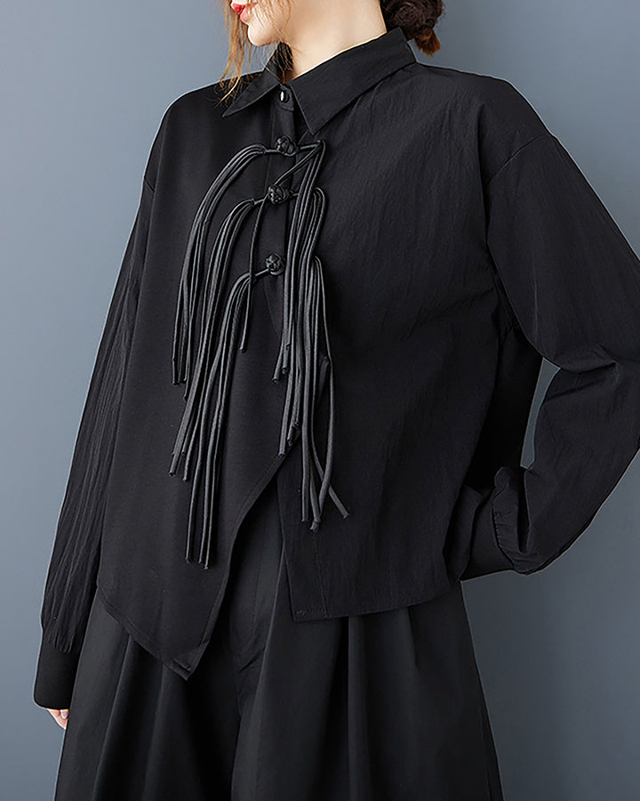 ellazhu Women's Shirt Button Down Lapel Long Sleeve Casual Black Solid Loose GZ351 Black