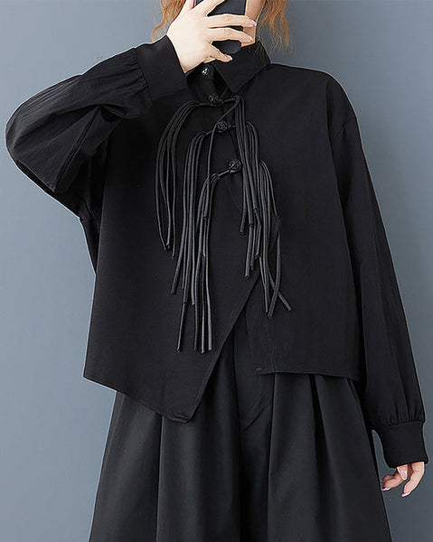 ellazhu Women's Shirt Button Down Lapel Long Sleeve Casual Black Solid Loose GZ351 Black