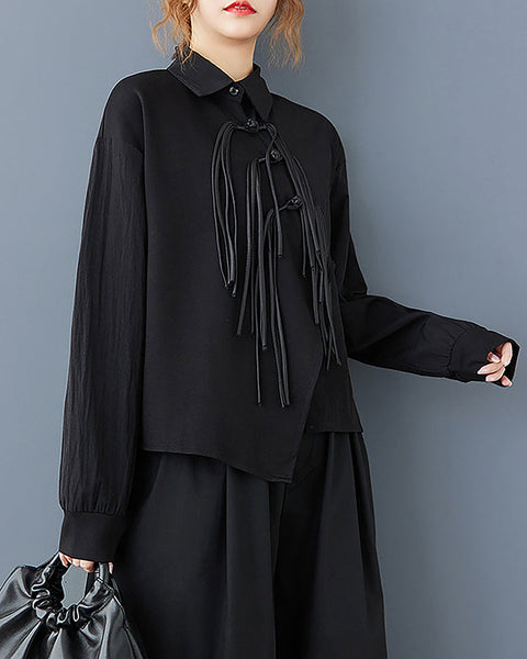 ellazhu Women's Shirt Button Down Lapel Long Sleeve Casual Black Solid Loose GZ351 Black