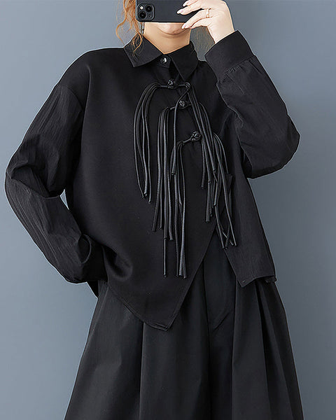ellazhu Women's Shirt Button Down Lapel Long Sleeve Casual Black Solid Loose GZ351 Black