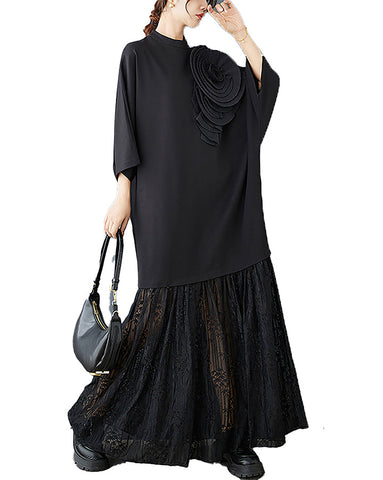 ellazhu Women's Dress Crewneck Bawting Sleeve Solid Black Maxi Lace Floral Loose Casual GZ353 Black