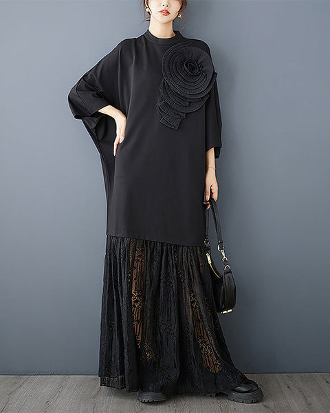 ellazhu Women's Dress Crewneck Bawting Sleeve Solid Black Maxi Lace Floral Loose Casual GZ353 Black