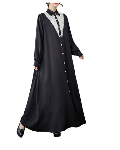 ellazhu Women's Dress Long Sleeve Lapel Patchwork Black Cotton Button Down Tshirt Dress Maxi Casual Sweat Oversize GZ354 Black
