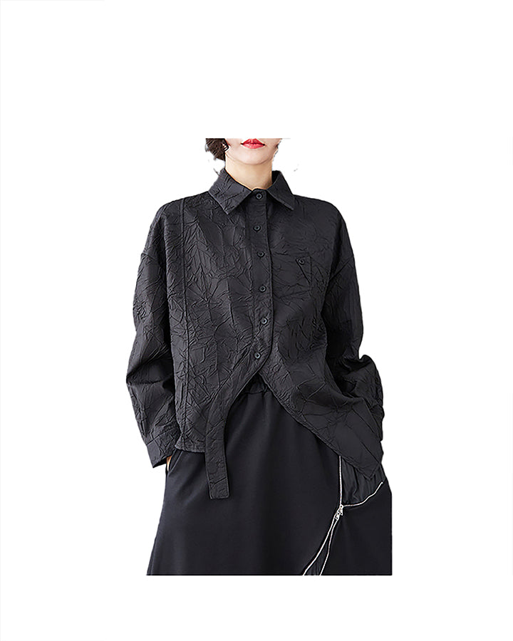 ellazhu Women's Shirt Long Sleeve Lapel Solid Split Asymmetrical Hem Tops Button Up Casual Loose Baggy GZ357 Black