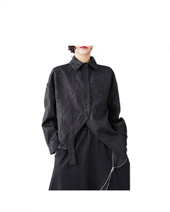 ellazhu Women's Shirt Long Sleeve Lapel Solid Split Asymmetrical Hem Tops Button Up Casual Loose Baggy GZ357 Black