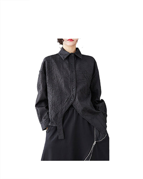ellazhu Women's Shirt Long Sleeve Lapel Solid Split Asymmetrical Hem Tops Button Up Casual Loose Baggy GZ357 Black