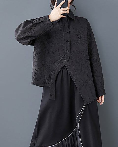 ellazhu Women's Shirt Long Sleeve Lapel Solid Split Asymmetrical Hem Tops Button Up Casual Loose Baggy GZ357 Black