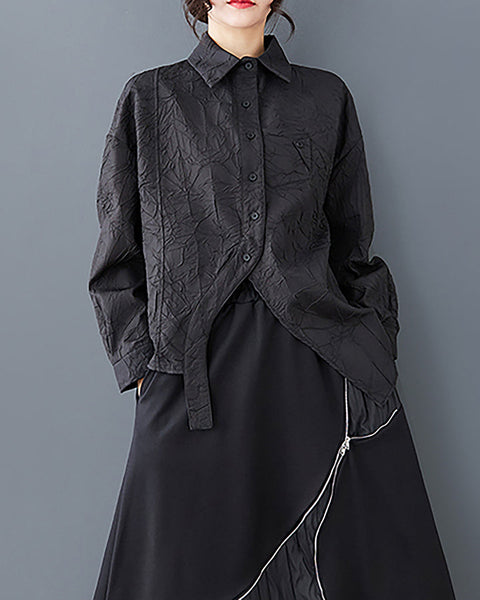 ellazhu Women's Shirt Long Sleeve Lapel Solid Split Asymmetrical Hem Tops Button Up Casual Loose Baggy GZ357 Black