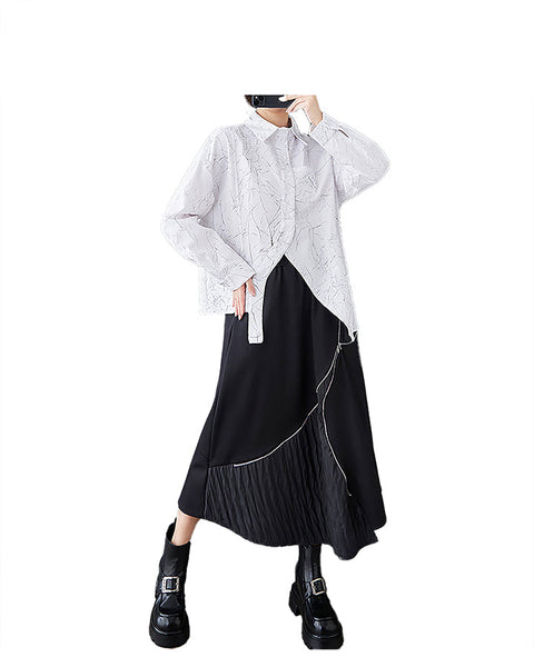 ellazhu Women's Shirt Long Sleeve Lapel Solid Split Asymmetrical Hem Tops Button Up Casual Loose Baggy GZ357 Black