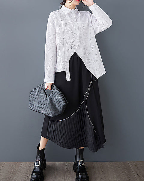 ellazhu Women's Shirt Long Sleeve Lapel Solid Split Asymmetrical Hem Tops Button Up Casual Loose Baggy GZ357 Black