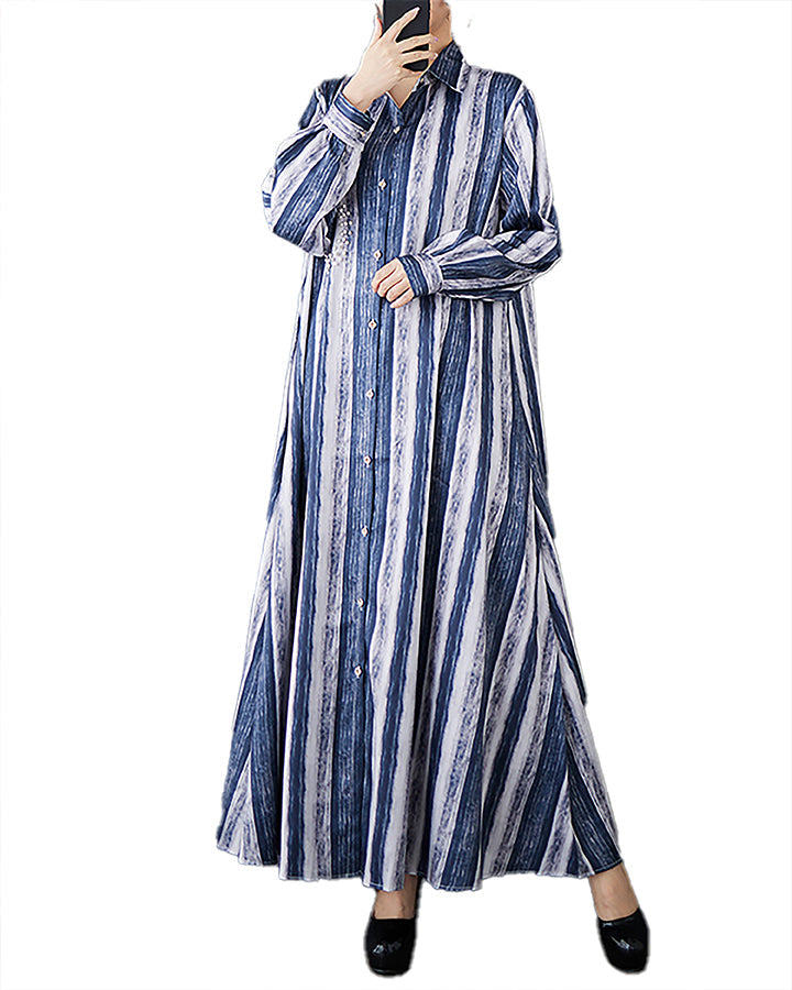 ellazhu Women's Shirt Dress Button Down Long Sleeve Lapel Strip Flowy Hem Loose Casual Maxi GZ359 Blue