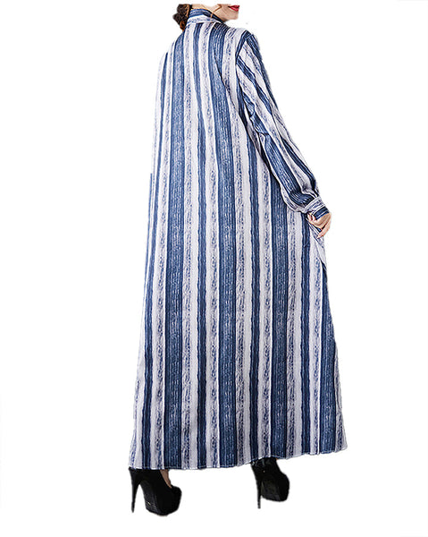 ellazhu Women's Shirt Dress Button Down Long Sleeve Lapel Strip Flowy Hem Loose Casual Maxi GZ359 Blue
