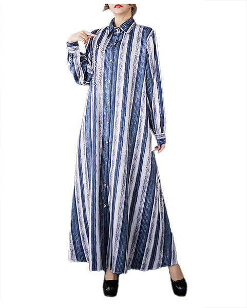 ellazhu Women's Shirt Dress Button Down Long Sleeve Lapel Strip Flowy Hem Loose Casual Maxi GZ359 Blue