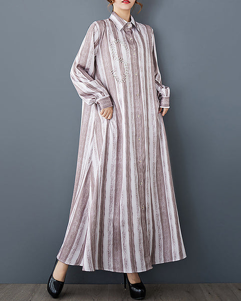 ellazhu Women's Shirt Dress Button Down Long Sleeve Lapel Strip Flowy Hem Loose Casual Maxi GZ359 Blue
