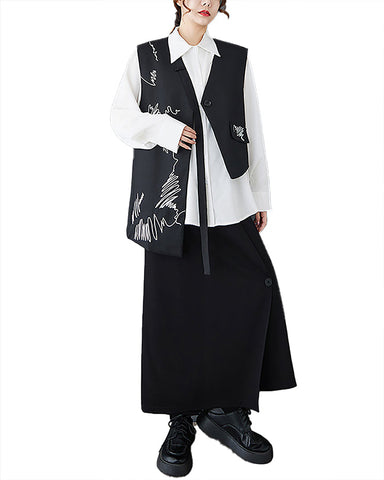 ellazhu Women's Vest Button Front Patterned Crewneck Asymmetrical Hem Casual Baggy Sleeveless GZ360