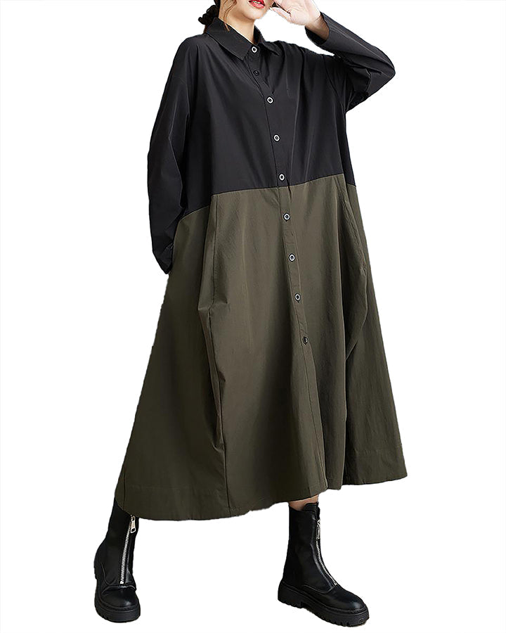 ellazhu Women's Shirt Dress Button Down Long Sleeve Lapel Patchwork Stiff Hem Baggy Casual Maxi Two Side Pockets GZ361 Army Green