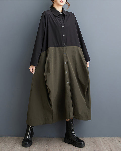 ellazhu Women's Shirt Dress Button Down Long Sleeve Lapel Patchwork Stiff Hem Baggy Casual Maxi Two Side Pockets GZ361 Army Green