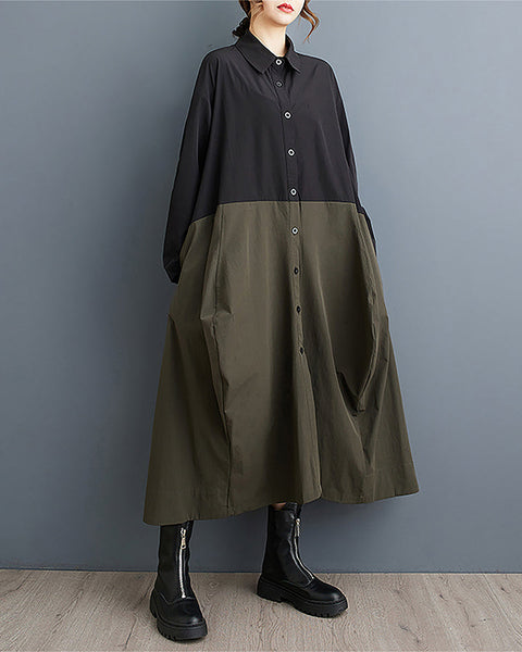 ellazhu Women's Shirt Dress Button Down Long Sleeve Lapel Patchwork Stiff Hem Baggy Casual Maxi Two Side Pockets GZ361 Army Green