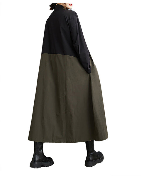 ellazhu Women's Shirt Dress Button Down Long Sleeve Lapel Patchwork Stiff Hem Baggy Casual Maxi Two Side Pockets GZ361 Army Green