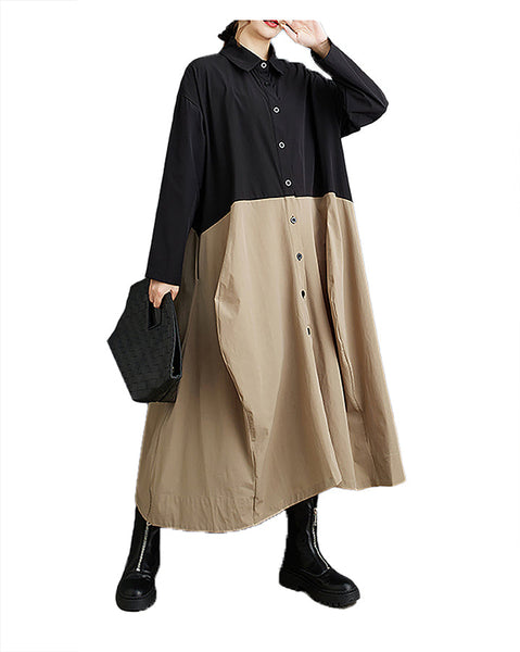 ellazhu Women's Shirt Dress Button Down Long Sleeve Lapel Patchwork Stiff Hem Baggy Casual Maxi Two Side Pockets GZ361 Army Green