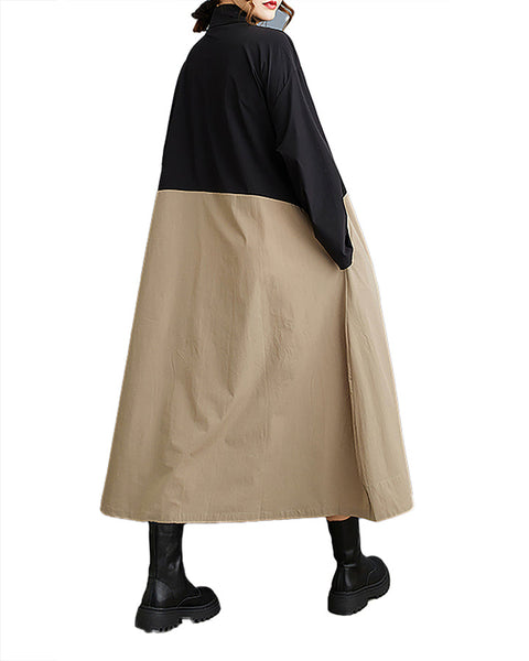 ellazhu Women's Shirt Dress Button Down Long Sleeve Lapel Patchwork Stiff Hem Baggy Casual Maxi Two Side Pockets GZ361 Army Green