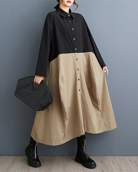 ellazhu Women's Shirt Dress Button Down Long Sleeve Lapel Patchwork Stiff Hem Baggy Casual Maxi Two Side Pockets GZ361 Army Green