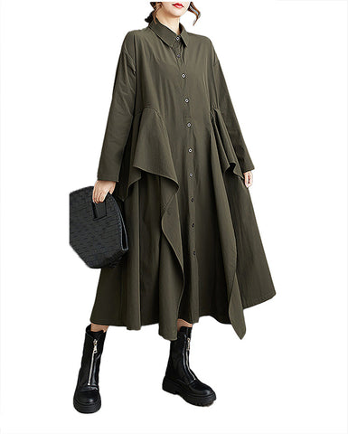 ellazhu Women's Shirt Dress Button Down Long Sleeve Lapel Solid Casual Loose Maxi Ruffe Hem Two Side Pockets GZ362 Army Green