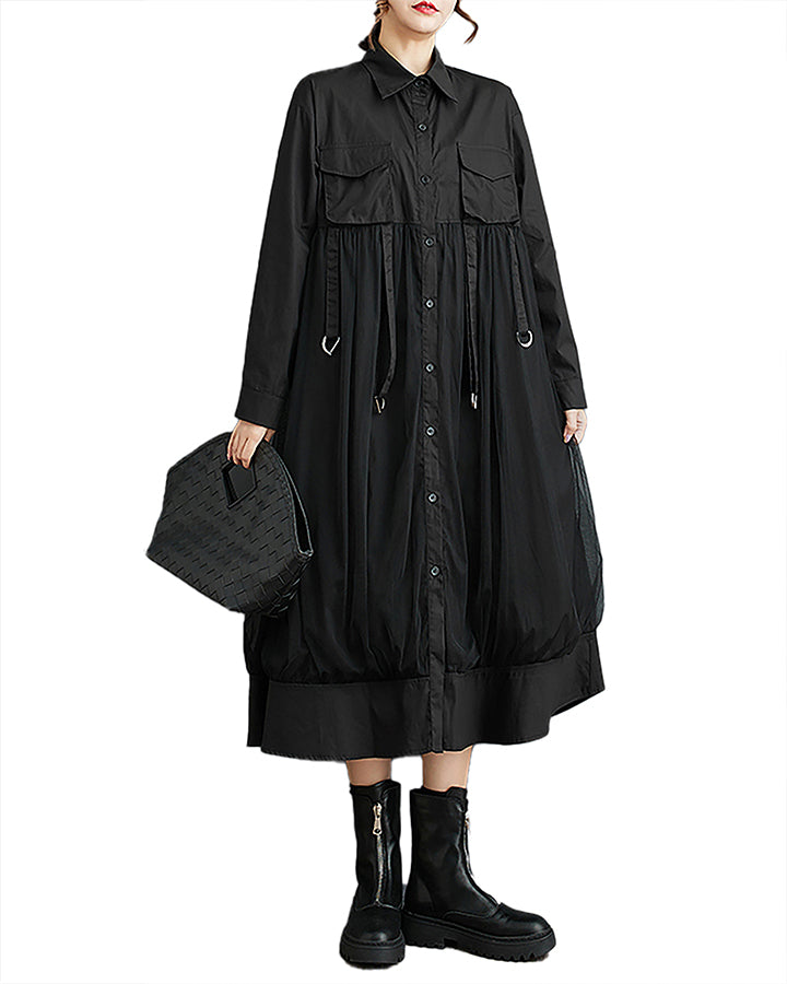 ellazhu Women's Shirt Dress Button Down Long Sleeve Lapel Solid Casual Loose Maxi Tulle GZ363 Black