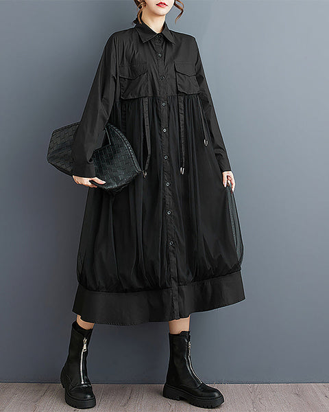 ellazhu Women's Shirt Dress Button Down Long Sleeve Lapel Solid Casual Loose Maxi Tulle GZ363 Black