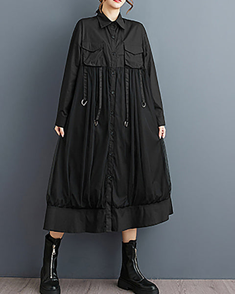 ellazhu Women's Shirt Dress Button Down Long Sleeve Lapel Solid Casual Loose Maxi Tulle GZ363 Black