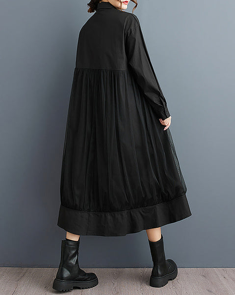 ellazhu Women's Shirt Dress Button Down Long Sleeve Lapel Solid Casual Loose Maxi Tulle GZ363 Black